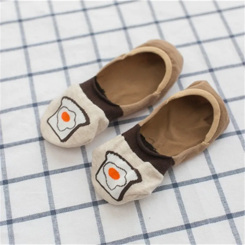 

Summer Novelty Silicone Non-Slip Boat Sock 85% Cartoon Egg Coffee Pattern Low Cut Ankle Socks Breathable Stretchy Socks