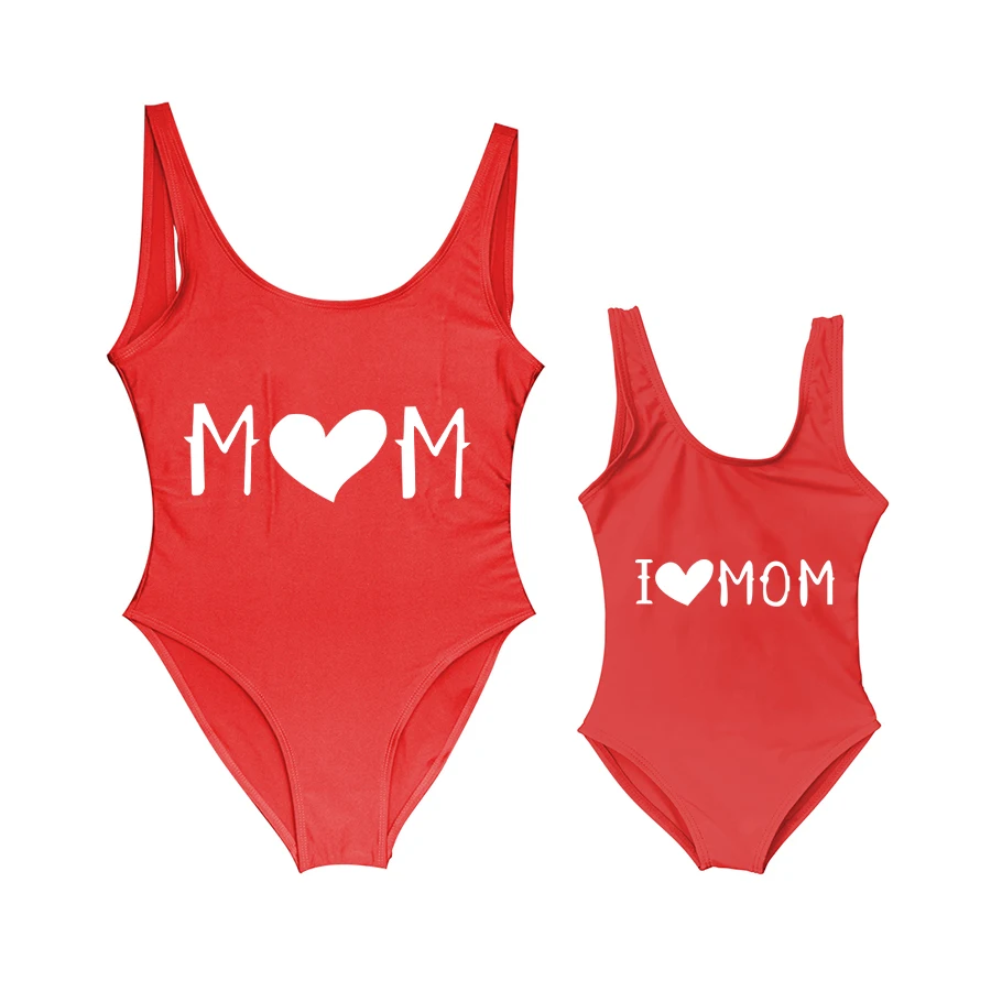 Nowy dziecięcy strój kąpielowy Dziewczęcy jednoczęściowy strój kąpielowy I LOVE MOM Heart Letter Printing Strój kąpielowy Cute Mom Baby Kid Strój