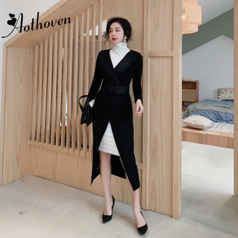 

2 Piece Dress Womens Office Lady Long Sleeve Notched Collar Suit Dress Spring Vintage Bodycon Sexy Party Bandage Dress Vestidos