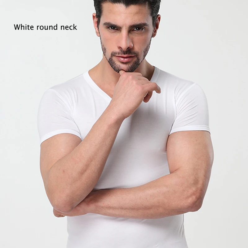 Ropa interior MODAL de color sólido para hombre, ropa ajustada de manga corta, transpirable, con cuello redondo