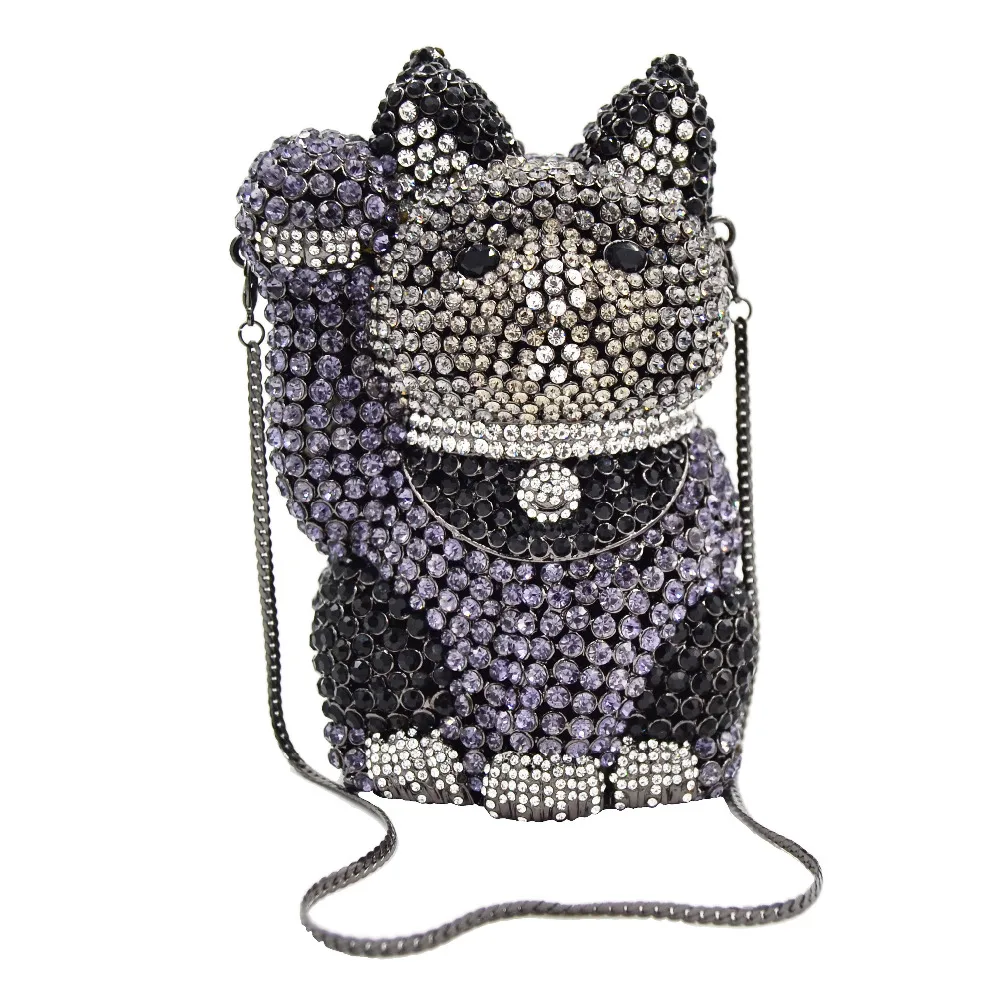 Lovely fortune cat Luxury Evening Party Purse Gold Grey Women Diamond Clutch Bag sparkly banquet packet SC654