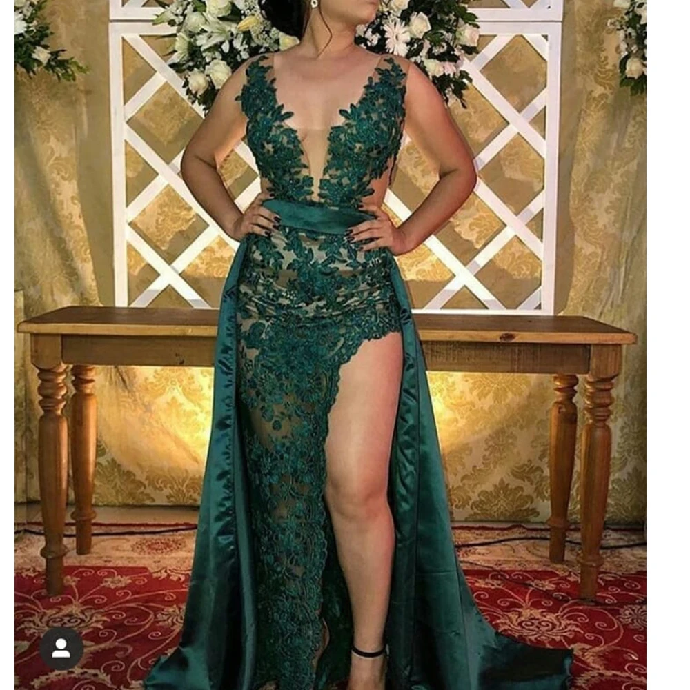 Vestidos de Fiesta verdes con escote en v profundo, apliques de encaje con abertura lateral, tren desmontable, vestidos de noche, 2020