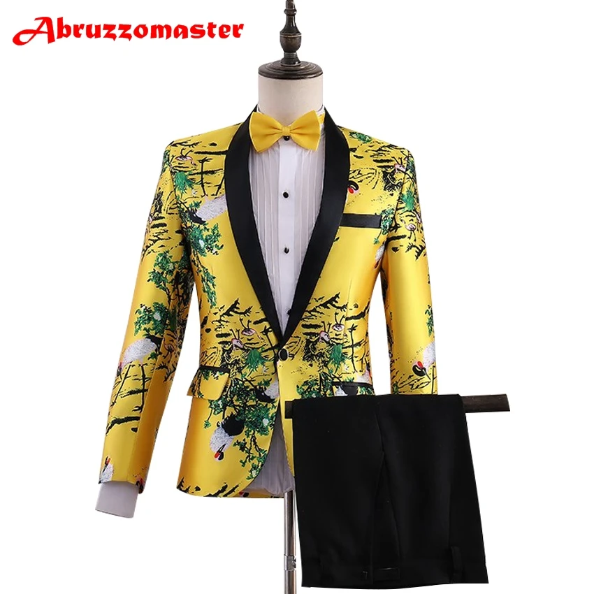 Animal Print Man Suit Yellow Print Groom Tuxedos Shawl Lapel Groomsman Suit Custom Made Wedding Suit(Jacket+pants