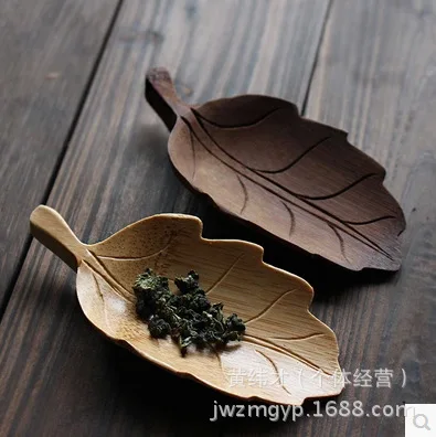 hot sell 11*5cm Bamboo Carved Leaf Shape Tea Scoops Spoons Shovel Holder Handmade Eco Friendly Tea Tools