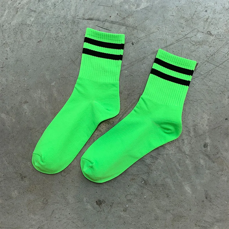 Stylish Pure Color Classic Stripes Casual Neon Socks Women Harajuku Fluorescence Green Short Socks Winter Cotton Socks Unisex