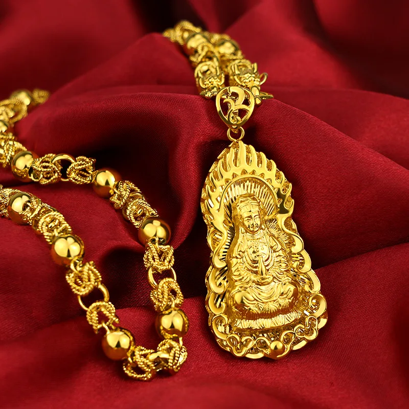 Blingbling Buddha Pendant Necklace Yellow Gold Filled Vintage Buddhism Belief Jewelry With 18 Inches Dragon Chain