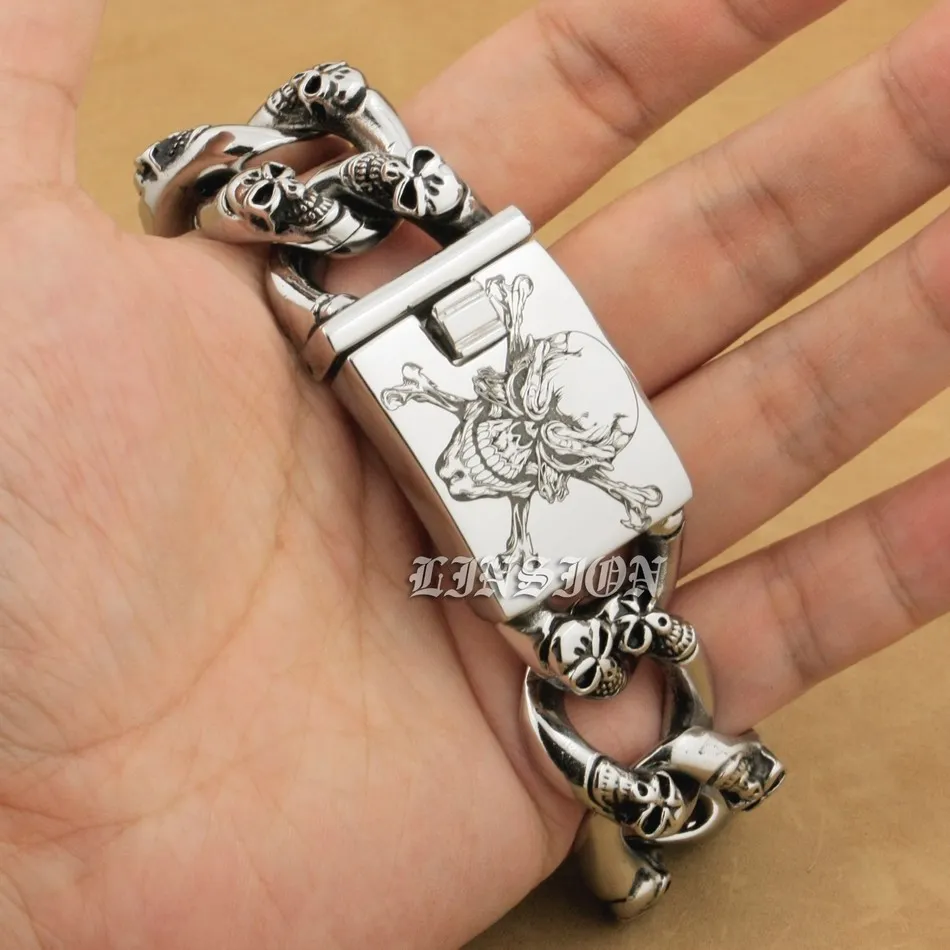 

LINSION Huge Heavy 316L Stainless Steel Deep Laser Engraved Pirate Skulls Mens Boys Biker Rock Punk Bracelet 5F105