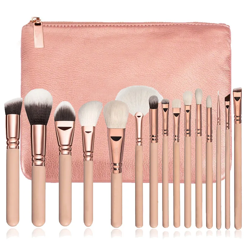 Juego de brochas de maquillaje Pro, 15 Uds., base en polvo, sombra de ojos, brochas de maquillaje, cosméticos, pelo sintético suave con Funda de cuero