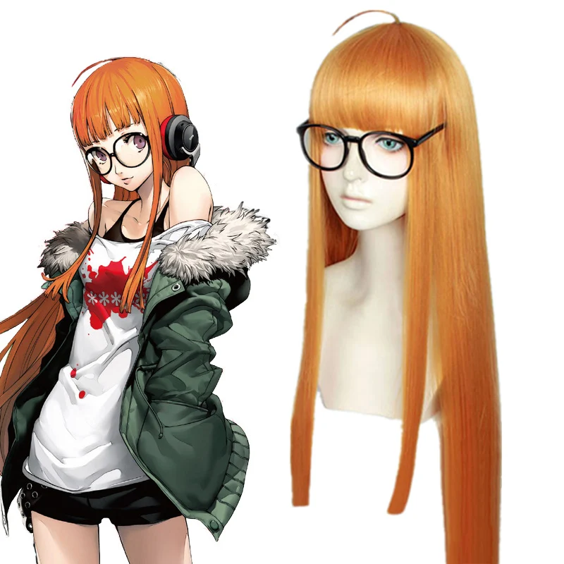 อะนิเมะ Persona 5 P5 Futaba Sakura คอสเพลย์วิกผมผู้หญิง100ซม.สีส้มยาววิกผมสังเคราะห์ + หมวกวิกผม