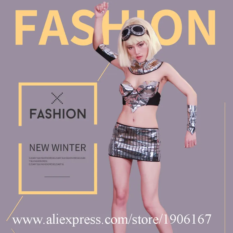 

Nightclub Sexy Lady Silver Mirror Woman Suit Clothing Bar Dance Team Dress Alternative Design Performance Ballroom Costumes