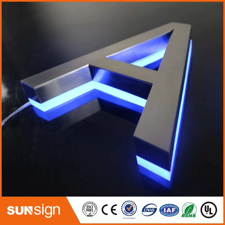 H25cm sinalização de aço inoxidável com luz de fundo, loja iluminada 3d, entradas de letras led