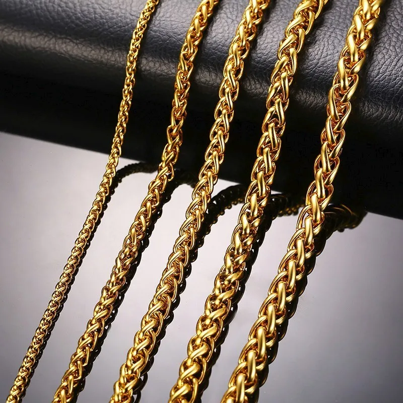 Vnox Gold Color Men Stainless Steel Wheat Spiga Franco Link Chain Necklace Male Jewelry 24 Inch in 3-7MM Width