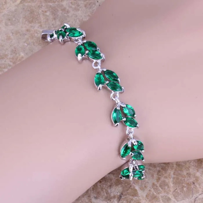 Brilliant Green Cubic Zirconia Silver Plated Link Chain Bracelet 6.5 - 7.5 inch S0541B