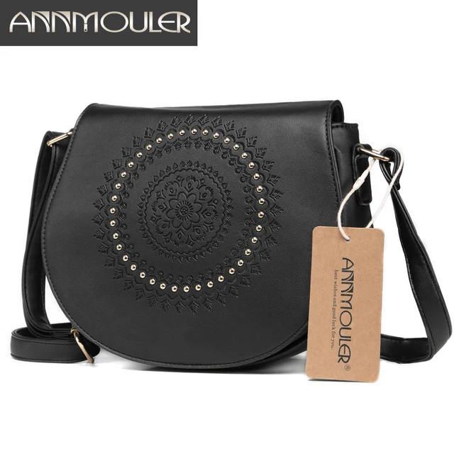 Annmouler torebka Vintage na ramię Pu skóra kobiet torba na ramię Floral tłoczone nitowana torba kurierska dla dziewczynek mała torebka