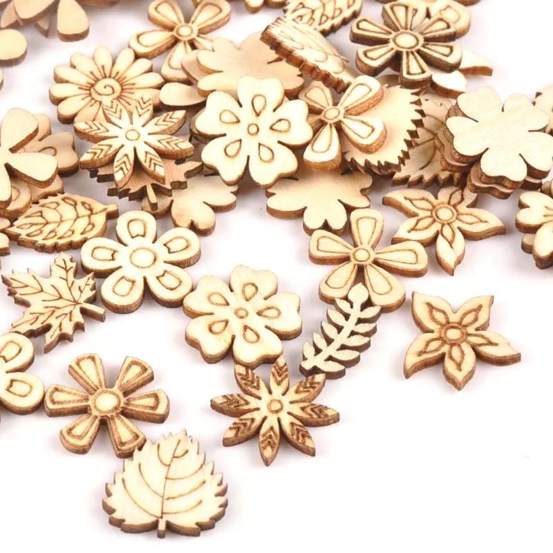 50Pcs Mix Plant/Flower/grass Shape Natural Wooden For Handmade DIY Crafts Wood Ornament Scrapbooking Home Decoration 20mm m1805