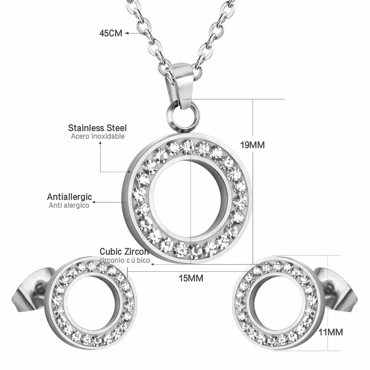 LUXUSTEEL set stainless steel Hollow Out Round Cubic Zirconia Pendant Necklace Earrings Brinco Female Bijoux Party Wholesale