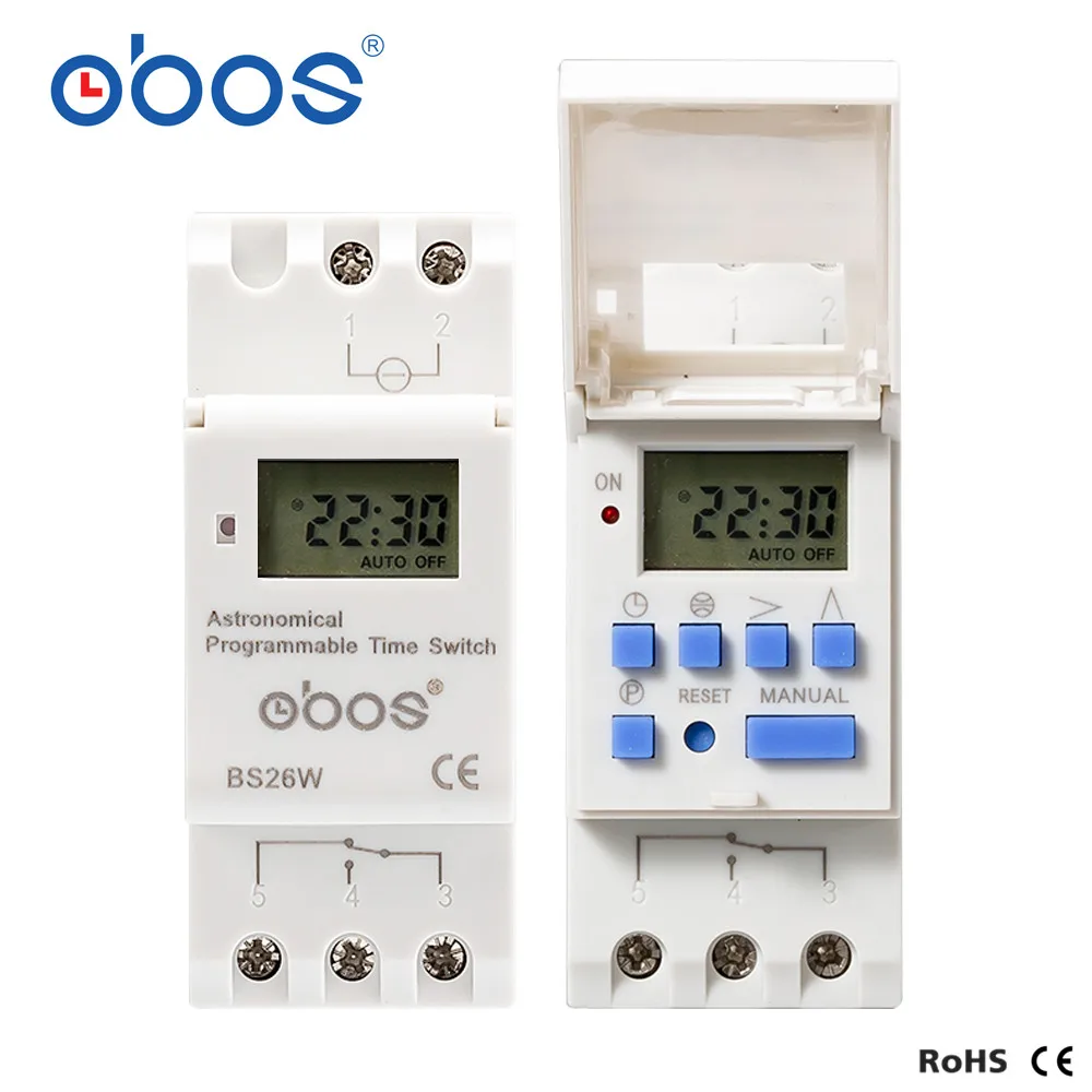 

latest sunrise sunset automatic adjustment 220v timer switch with 16times on/off per day /weekly time set range 1min-168H OBOS