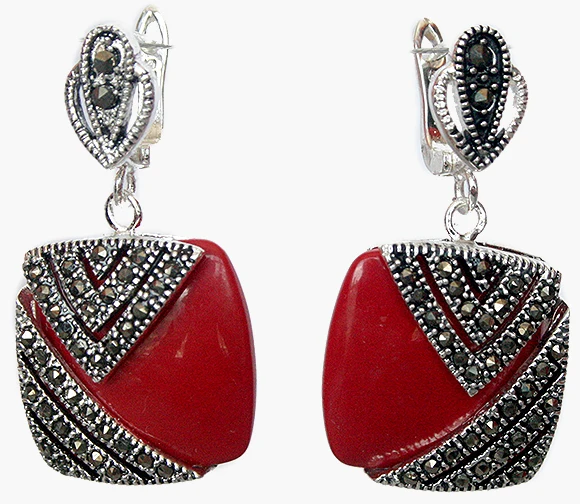 Charm lady's 925 Silver Hook Red Coral Marcasite Square Earrings 1