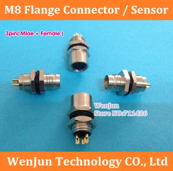 

M8 flange/socket 100pcs 3 core 3Pin Male connector + 100pcs 3pin Female connector, NEW 3 pin sensor hole type / wall panel