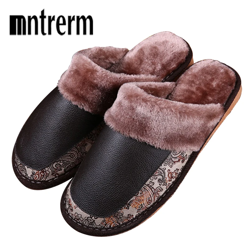 Mntrerm Men's Slippers Winter Genuine Leather Slippers Home Indoor Non-Slip Thermal Slippers 2020 New Hot  Plush Warm Home Shoes