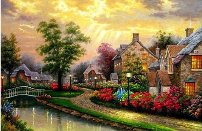 94*65 Needlework DIY Cross stitch,Set For Embroidery kit,oil painting evening village landscape pattern Cross-Stitch painting