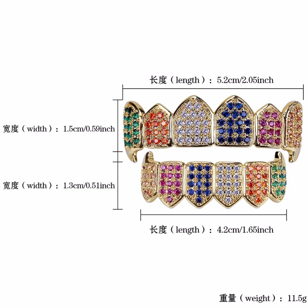Hip Hop Fang Top Bottom Teeth Grillz Set for Men Mixed Color CZ Rhinestone Paved Bling Iced Out Rapper Jewelry Gold Color