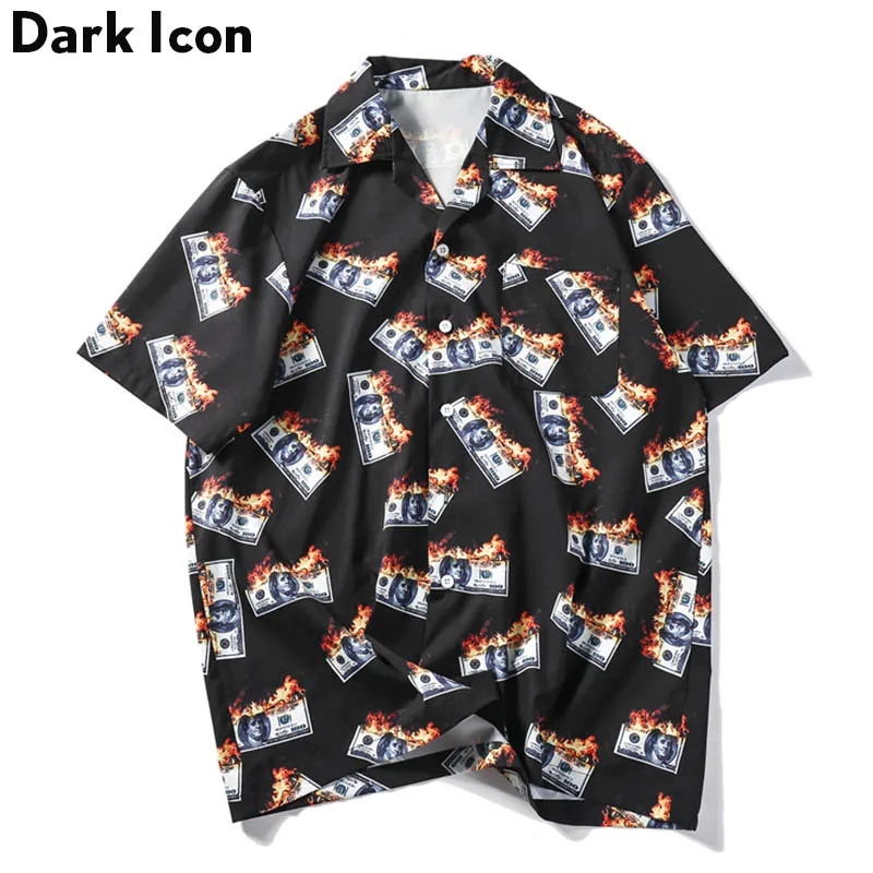 

Dark Icon Flame USDollar Shirts Men 2024 Summer Turn-down Collar Men's Shirts Streetwear Hip Hop Shirts