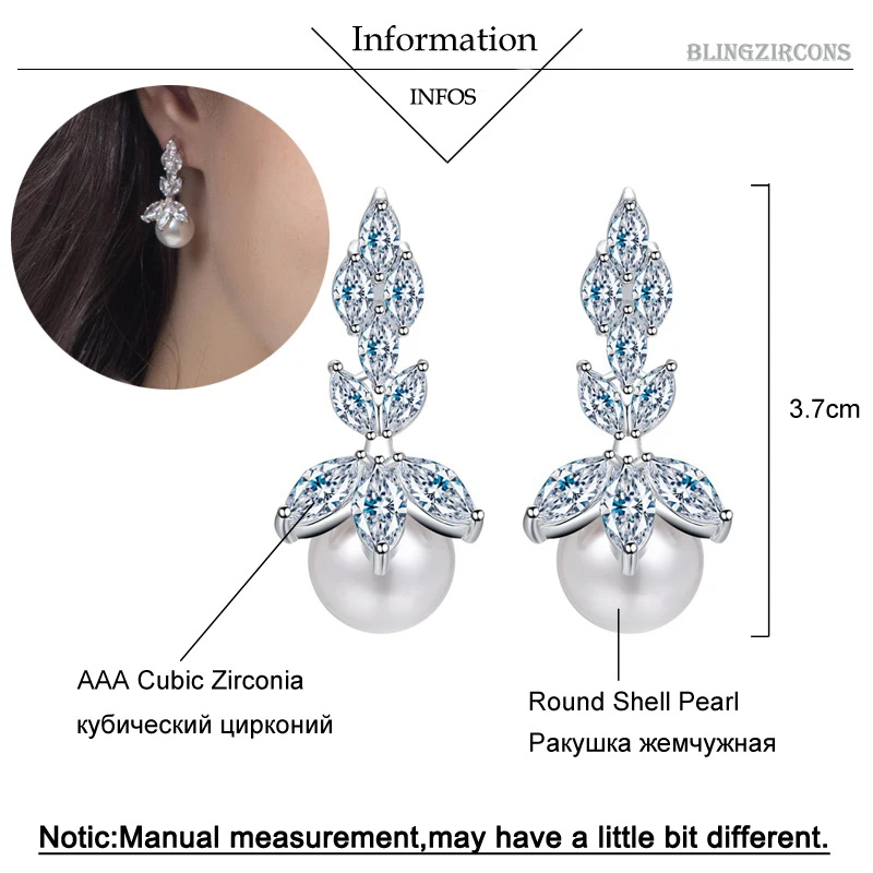 BeaQueen Fashion Twinkling Marquise Cubic Zirconia Big Round Pearl Drop Long Earrings Women Jewelry Accessories for Wedding E166