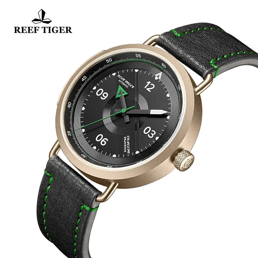 Reef Tiger/RT New Design Simple Watch Men Leather Strap Rose Gold Waterproof Military Watches  Automatic Watches RGA9055