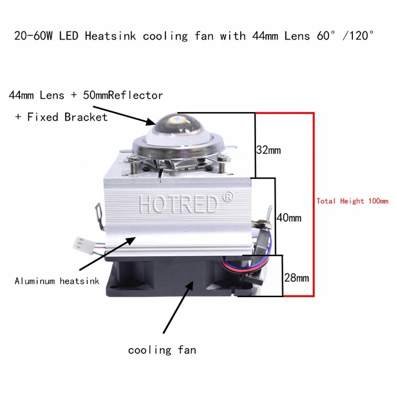 DIY High Power LED Cooling Aluminum Heatsink Fan Cooler + 44.5mm LED LENS + Base Bracket For 20W - 50W DIY Led Lamp Light