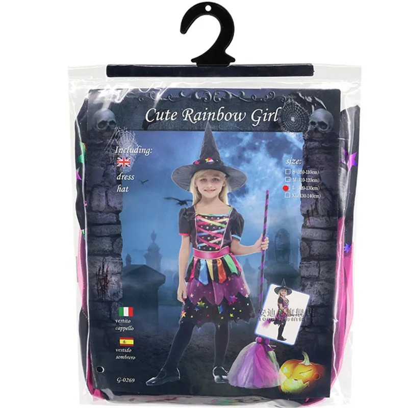 Kinderen Meisjes Regenboog Heks Jurk Kostuum met Hoed Nieuwjaar Kerstmis Carnaval Halloween Kinderen Goochelaar Tovenaar Cosplay Kleding