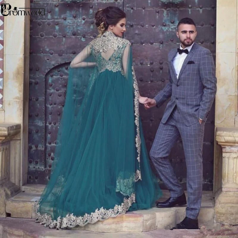 Plus Size Green Muslim Evening Dresses A-line Tulle Lace Prom Dress Long Islamic Saudi Arabic Elegant Formal Evening Gown