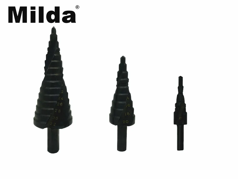 Milda 4-32 مللي متر HSS الكوبالت خطوة التدريبات النيتروجين عالية السرعة الصلب دوامة للمعادن مخروط مجموعة لقمة مثقاب مثلث عرقوب ثقب القاطع