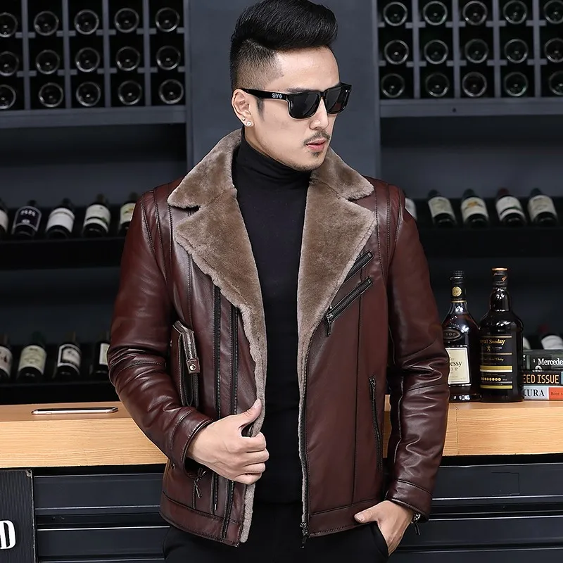 Winter Business Men Genuine Leather Jacket Thick Wool Lining Short Coat Office Work Luxury Sheepskin Shearling Jackets Plus Size