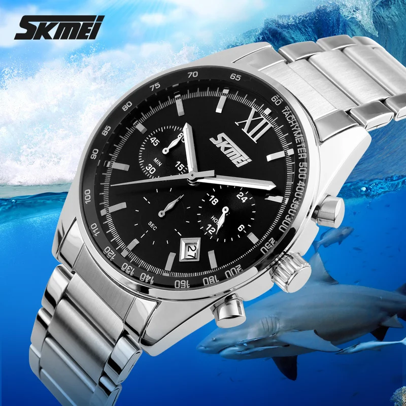 SKMEI Watches for Men Luxury Top Brand Quartz Watch Full Stainless Steel Analog Display Fashion Calendar Chronograph Wristwatch