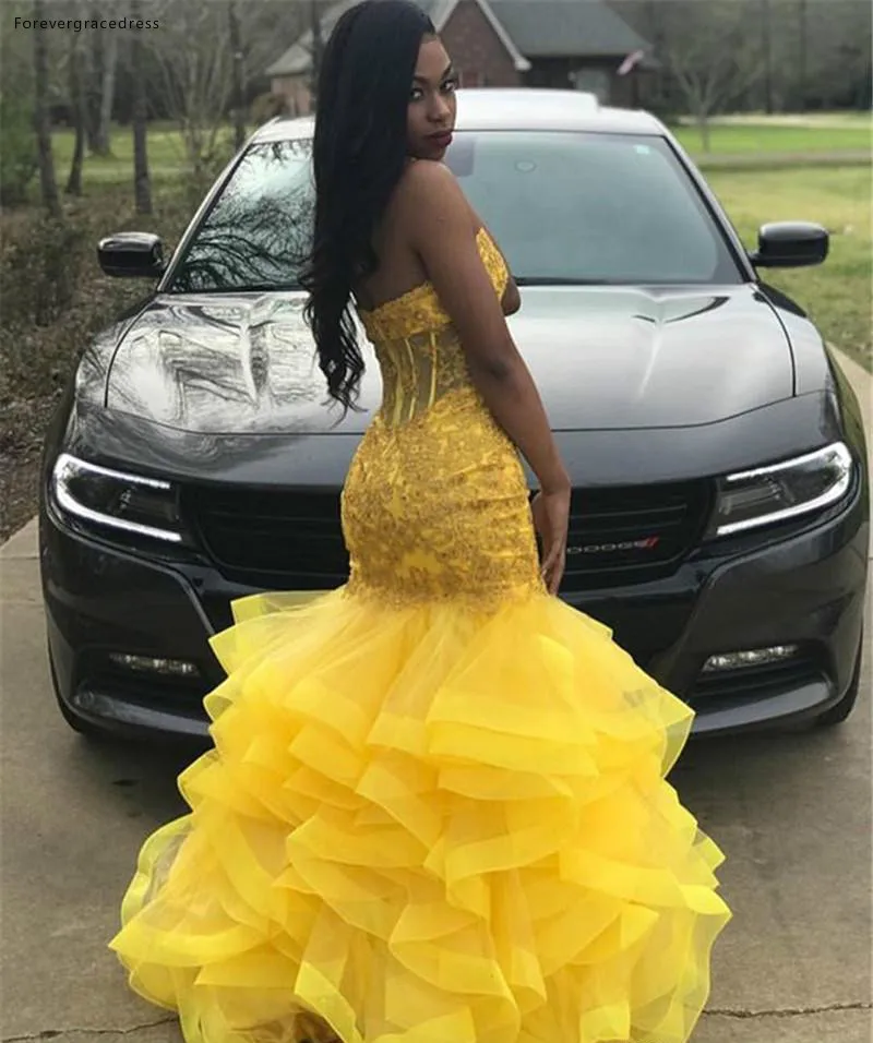 Yellow Color Long Prom Dresses 2019 South African Black Girls Sweetheart Appliques Holidays Graduation Wear Evening Party Gowns