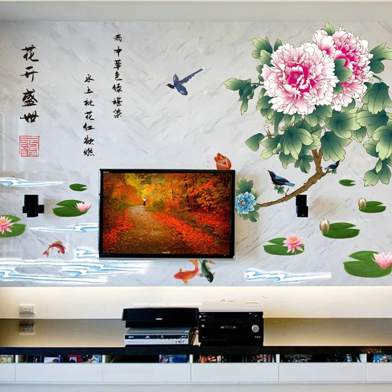 Chinese Wind Picture Flowers Millennium Peony Study The Sitting Room Adornment Bedroom Tv Stickers Landscape Photo Wall 2021