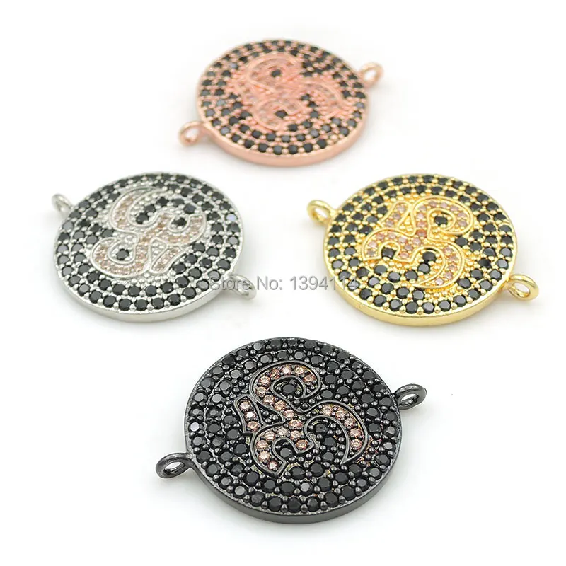 24*20*2mm Micro Pave Black&Orange CZ Round Connector With Yoga OM Pattern For Women As DIY Bracelets Accessory