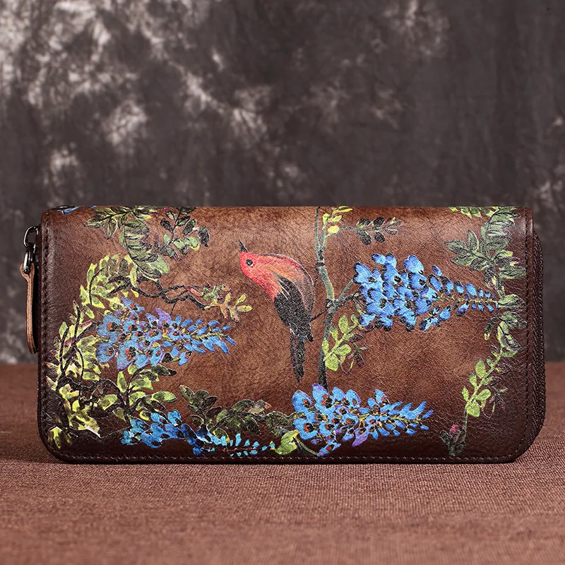 SOUTH GOOSE Genuine Leather Women Wallet Luxury Long Purse Birds Embossing Clutch Bag High Quality Female Card Holder Phone Bag
