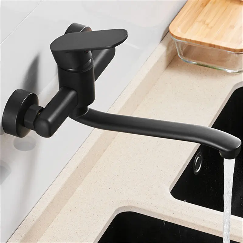 Kitchen Faucet Brass Sink Mixer Water Tap Hot & Cold Single Handle Wall Mounted Mop Pool Washing Basin Crane Vessel Black/White