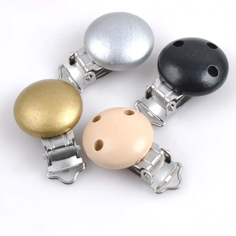 5pcs/lot Metal Wooden Baby Pacifier Clips Solid Color Holders Cute Infant Soother Clasps Holders Accessories mt0946