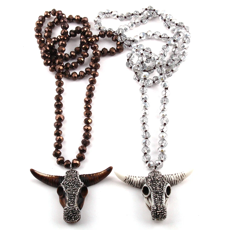 Fashion Glass Crystal Long Knotted Handmade Paved Bull Head Charm Pendant Necklace And Women Necklaces