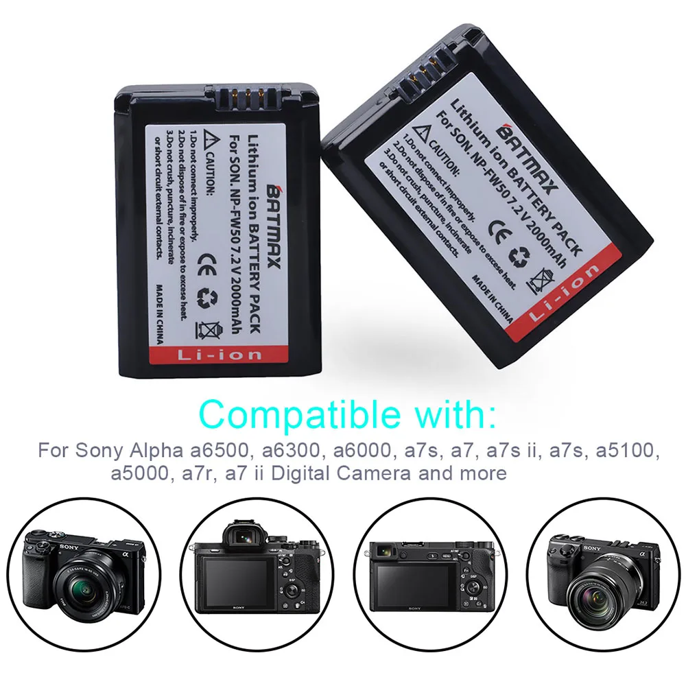 Batmax 2000mAh NP-FW50 batería + cargador Dual LED para Sony ZV-E10L a37 A7 A7II A7RII A7SII A7S A7S2 a6000 a6400 a6500 NEX-7 RX10