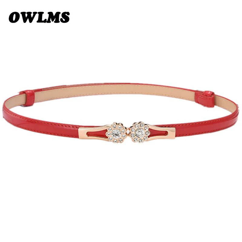 

Decorative Women Faux Leather Red flower rhinestone Belt Slim Thin Waist Belt Summer Dress Waistband adjust belts bright black