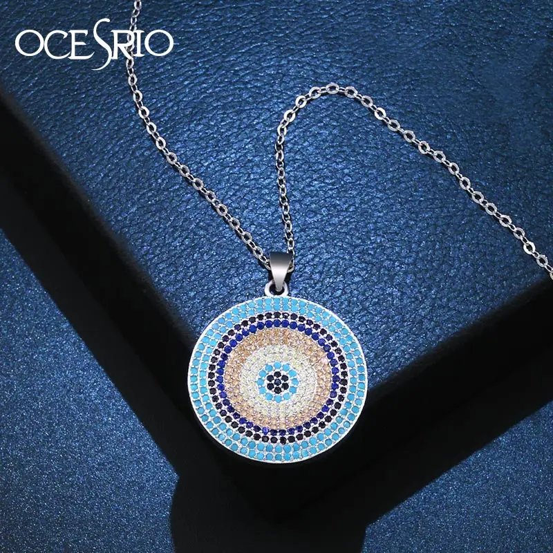 OCESRIO Turkish Round Evil Eye Pendant Necklace Woman Micro Pave CZ Zircon Gold Long Chain Necklace Silver Color nke-n89