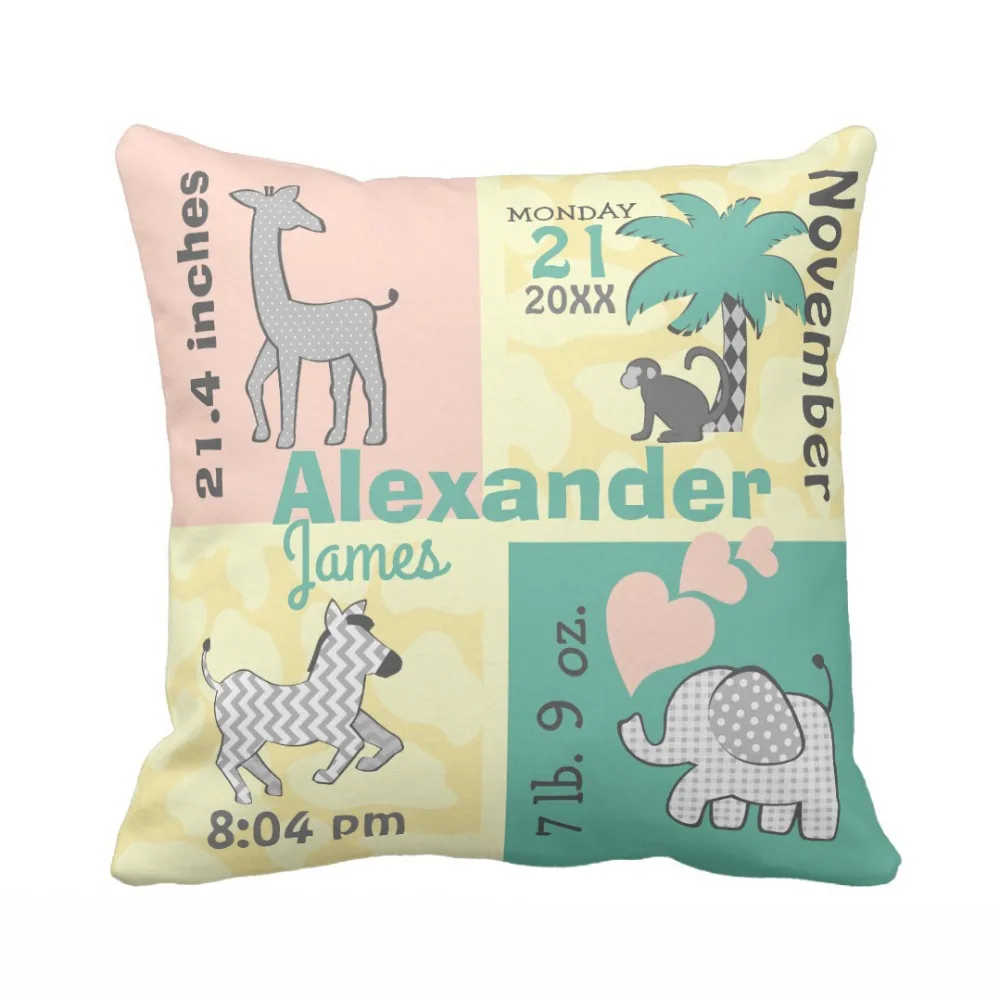 

Customized Jungle Baby Birth Stats Throw Pillow Cover Home Decorative Polyester / Cotton Canvas Cushion Cover for Baby Room