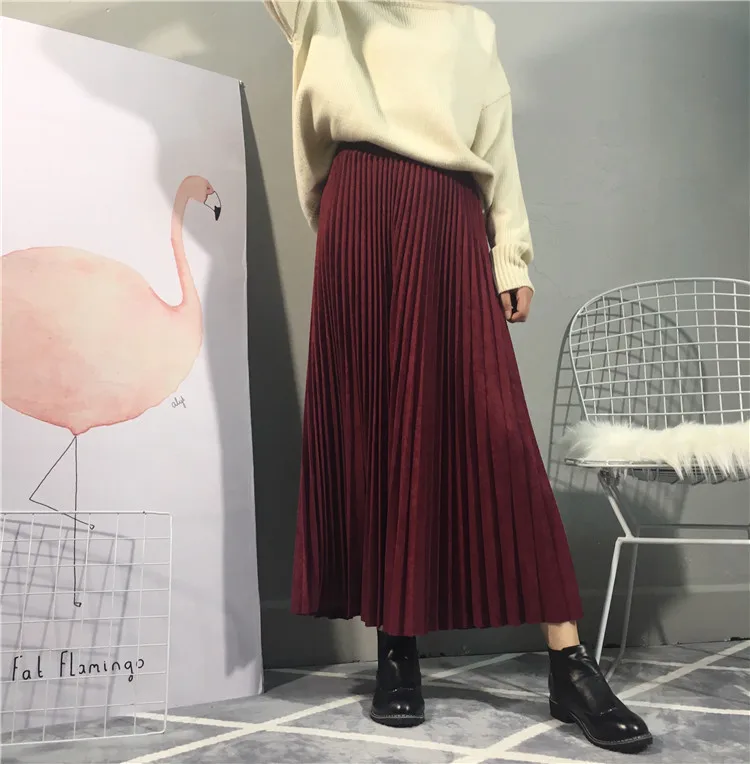 2022 Hot Brand High Quality Women Suede Skirt Autumn High Waist Long Pleated Skirts Womens Saias Faldas Vintage Women Midi Skirt