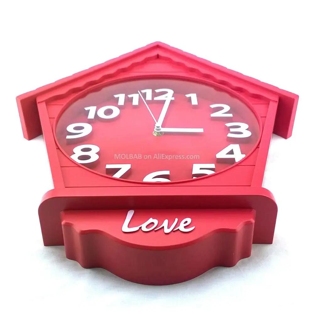 Large Red House Wall Clock Glass Cover Numerical Watch Dial Modern Style Quiet Quartz Timepiece ABS Plastic Crafts Home Decor