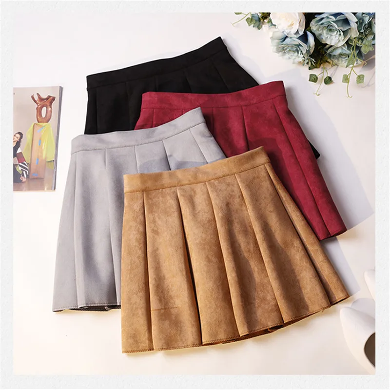 2018 Women Faux Suede Skirt Autumn Winter High Waist Short Umbrella Skirts Ladies A-Line Mini Skirt All Match Pleated Skirt 1093