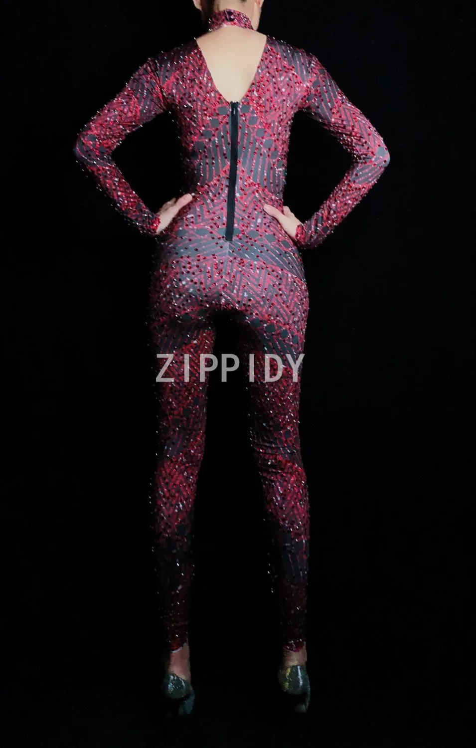 Full Red Rhinestones Spandex Bling Jumpsuit Women's Birthday Party Celebrate Outfit Bar Female Singer Bodysuit Evening Clothes